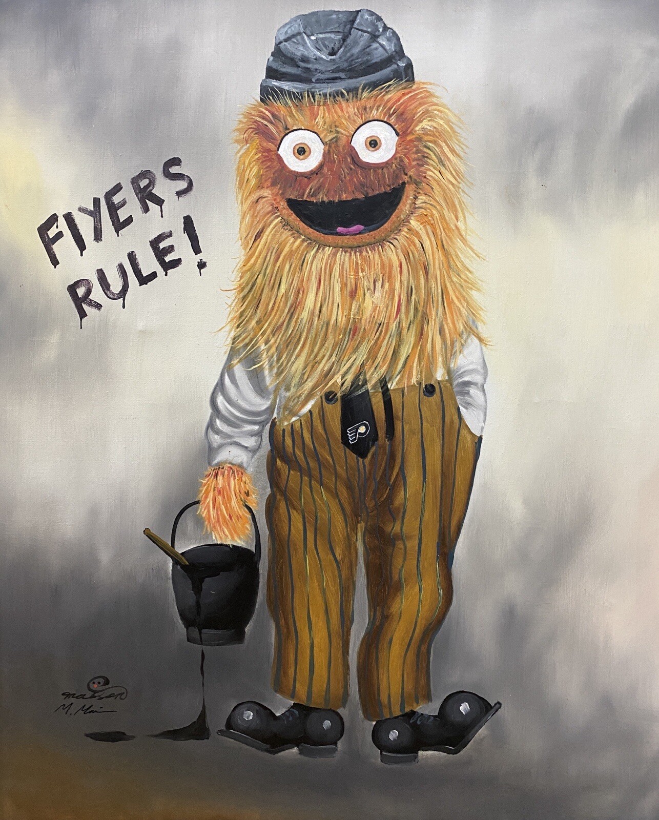 Gritty Philadelphia Flyers Upcycled Thrift oil painting vintage art Mike Morris