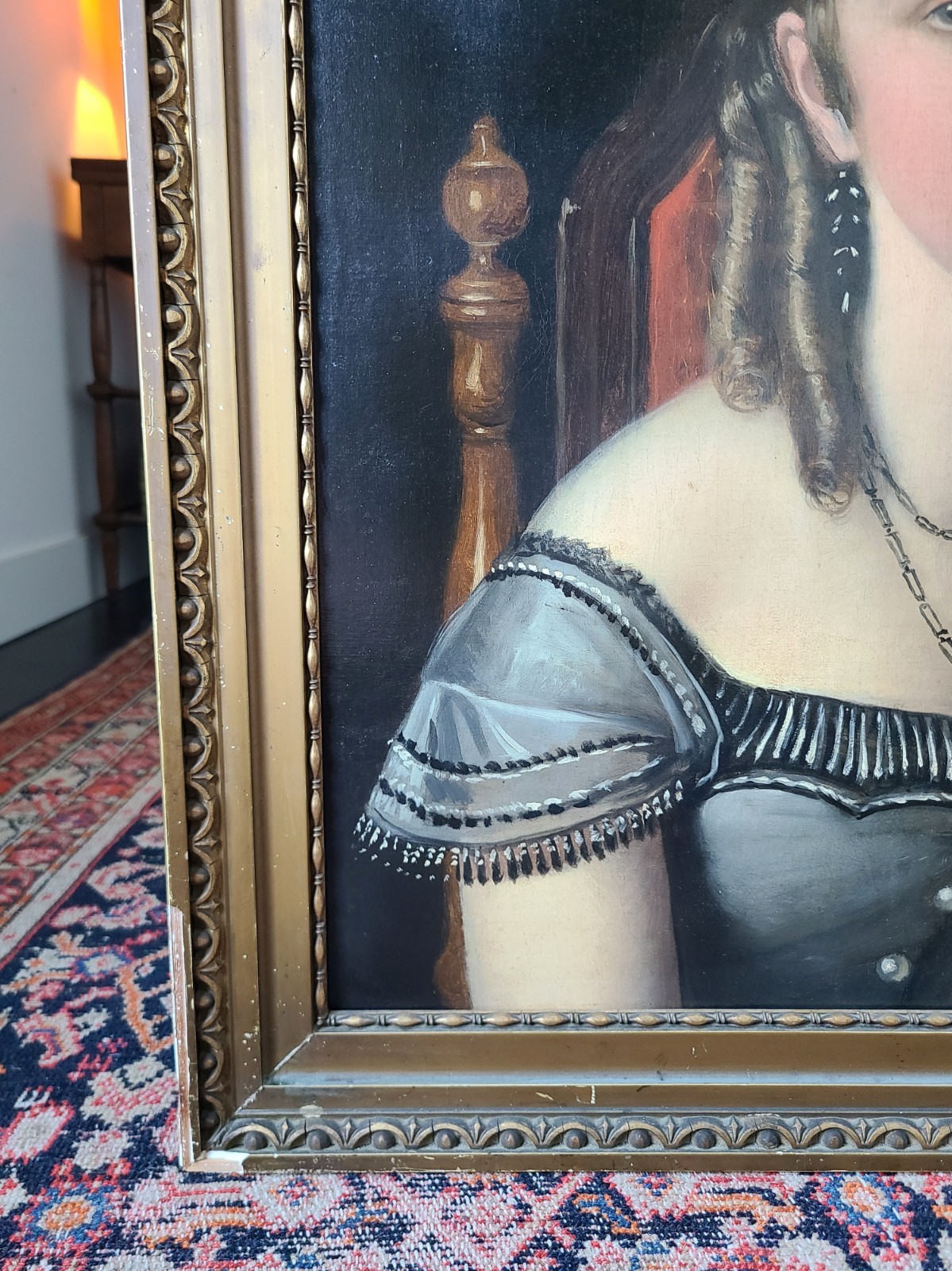 Antique 19th Century Oil Painting Portrait of a Victorian Gothic Young Lady