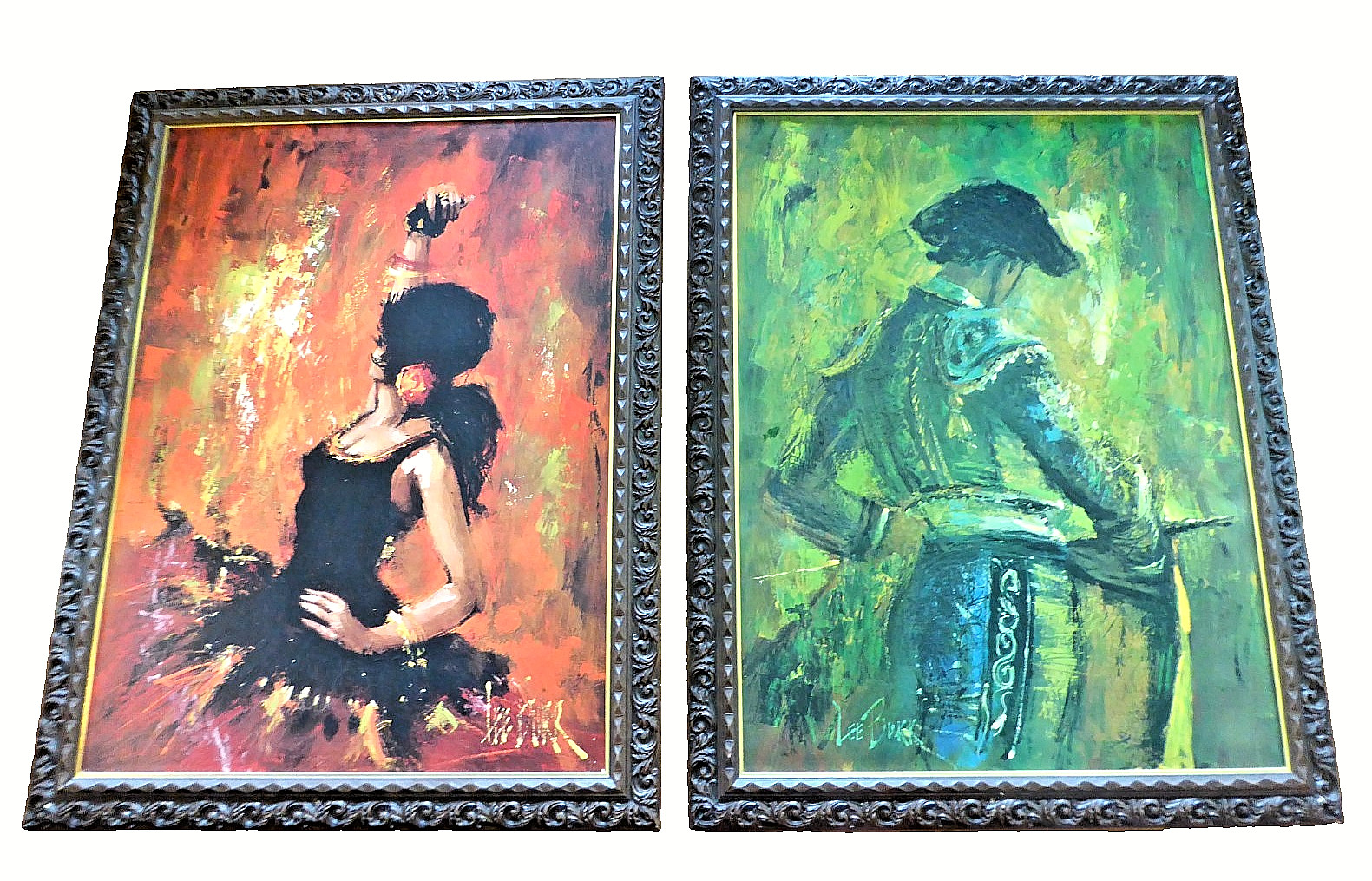 VTG Pair LARGE Lee Burr Spanish Revival Paintings MCM Matador Flamenca Dancer