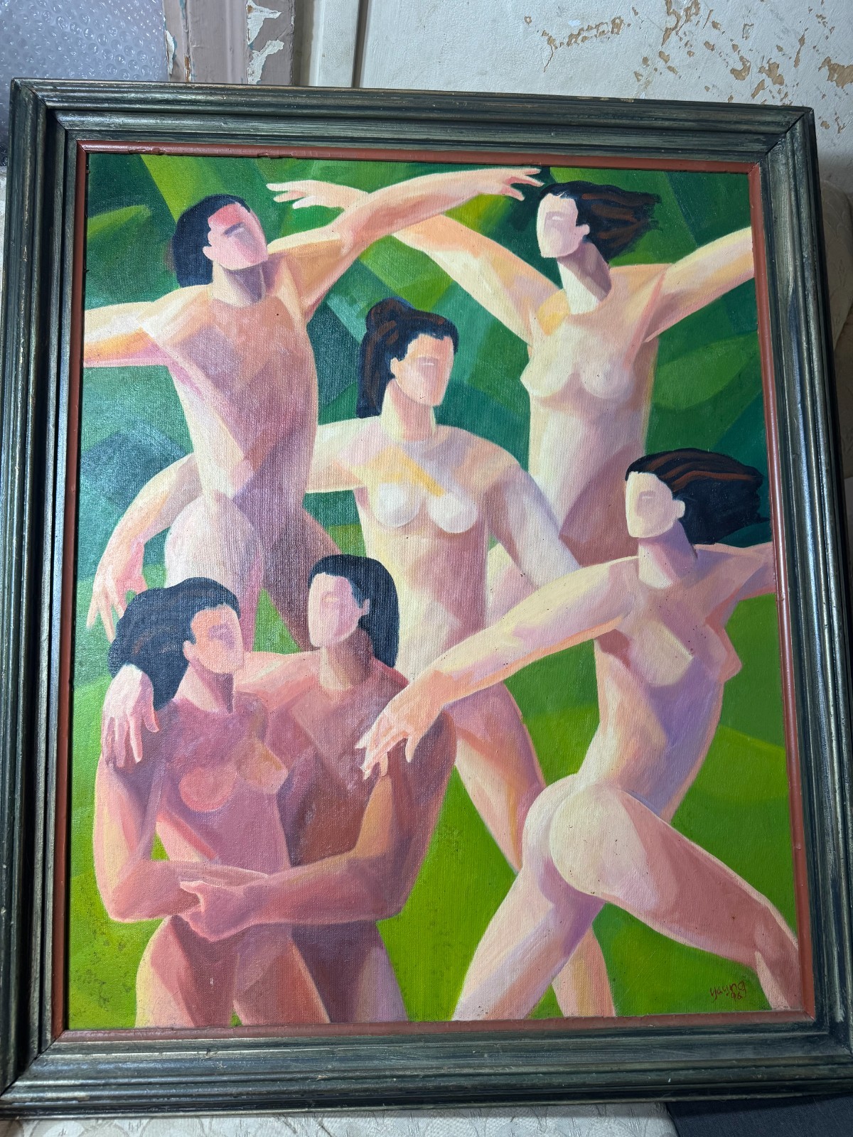 Large Young 1996 «Study of Nude Figures Scene» Oil Painting – Signed And Framed