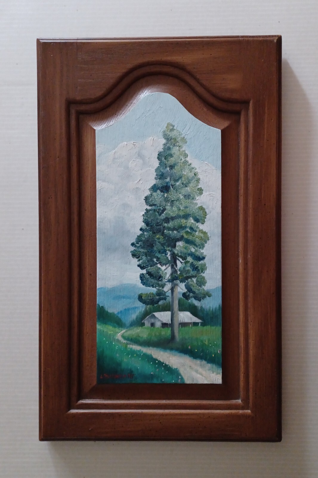 Original Folk Art Painting on Wood Cabinet Panel