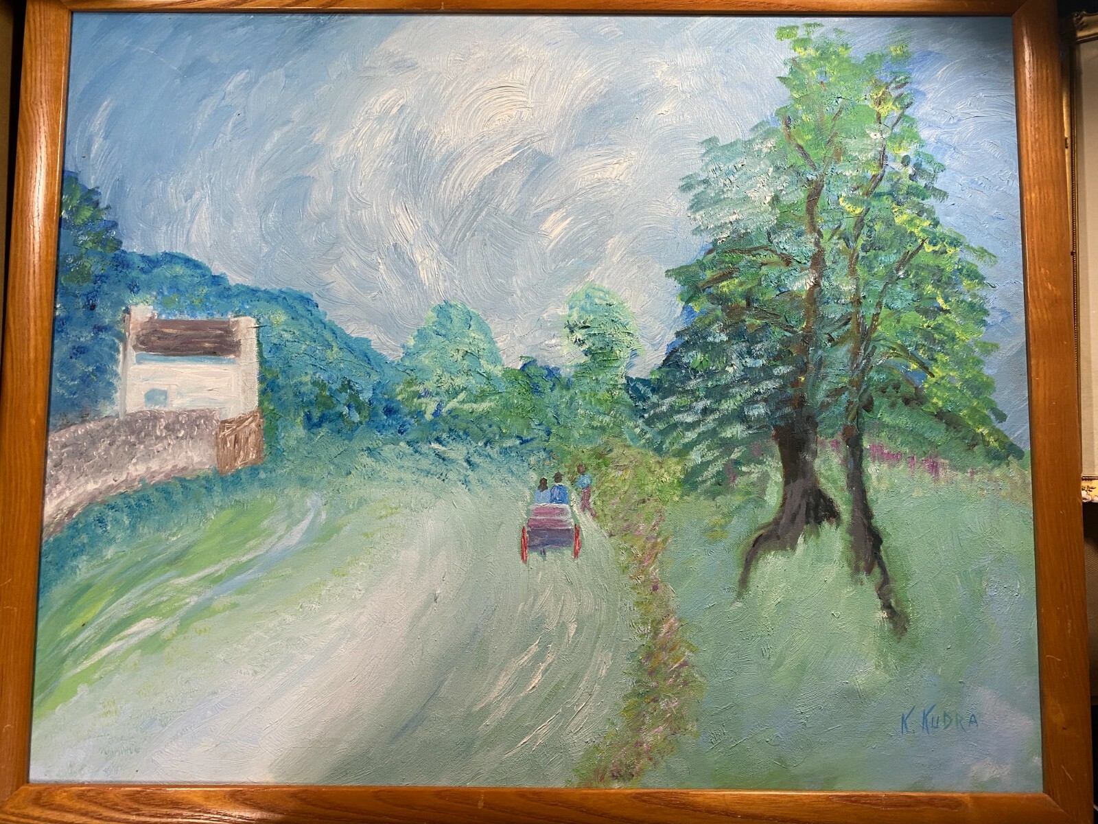 Kathleen Kudra (1942 – 2014) «Rural Landscape With Car» Oil Painting – Framed