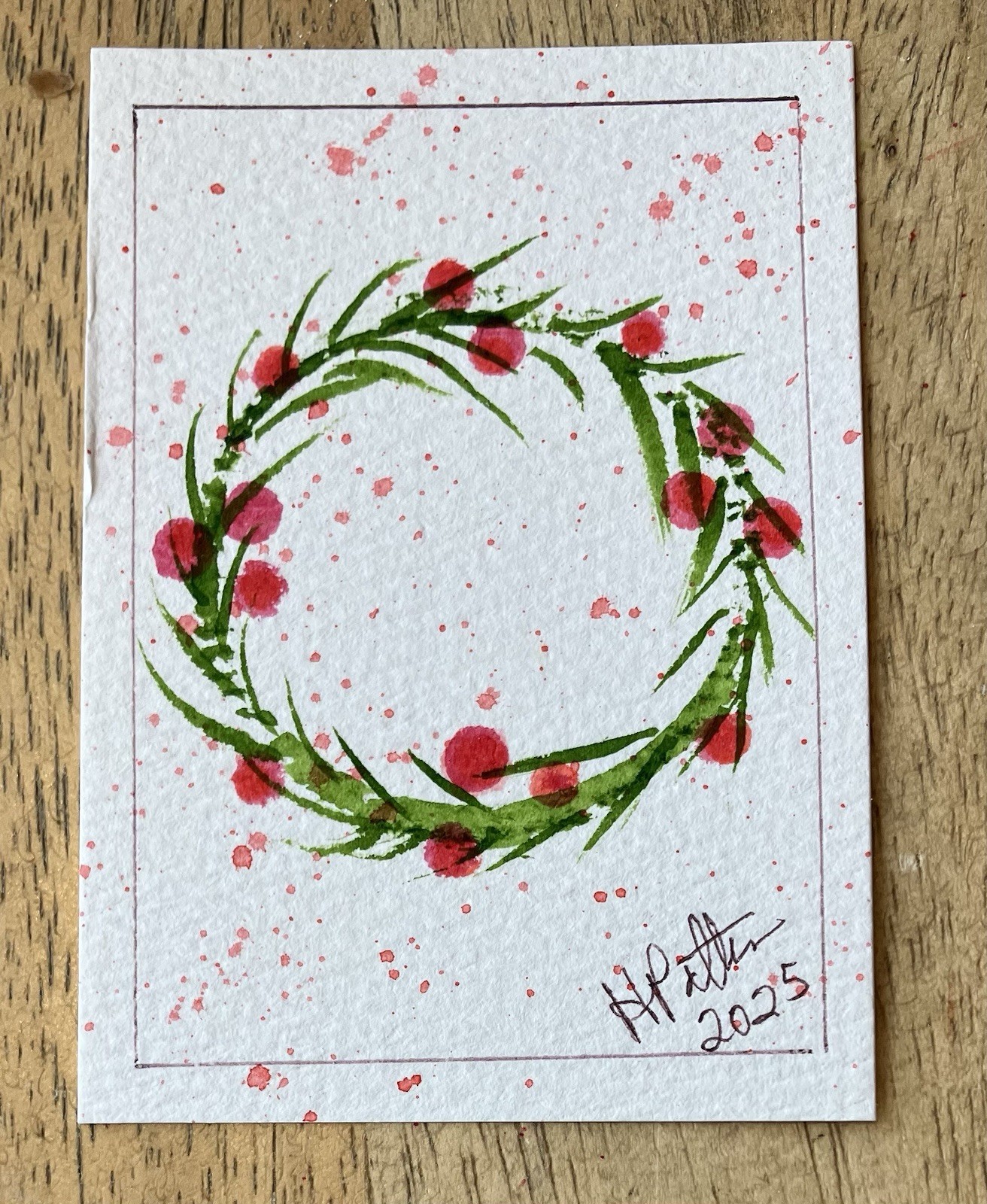 Winter Watercolor Wreath! Original Signed ACEO Watercolor and Pen/Ink 3.5×2.5”