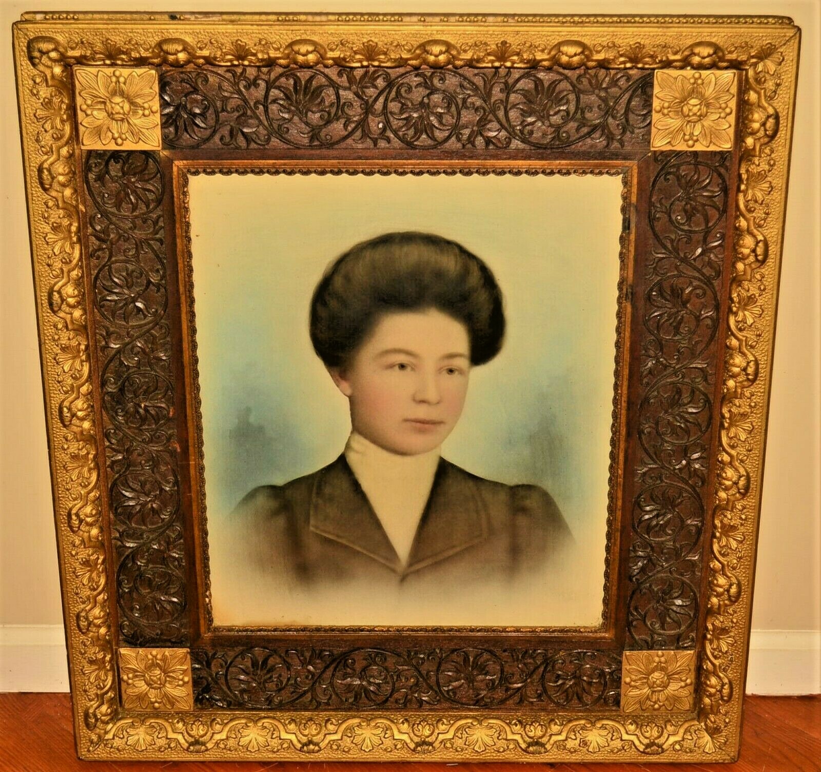 Antique Original Jacobean Gilded Carved Frame Watercolor Lady Portrait Painting
