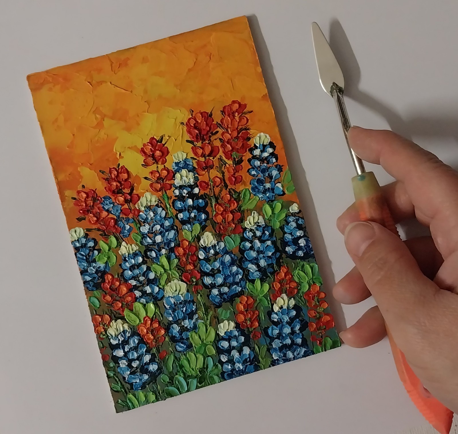 Framed Texas Bluebonnets Indian Brushes Art 4×6″ Impasto Oil Painting Original