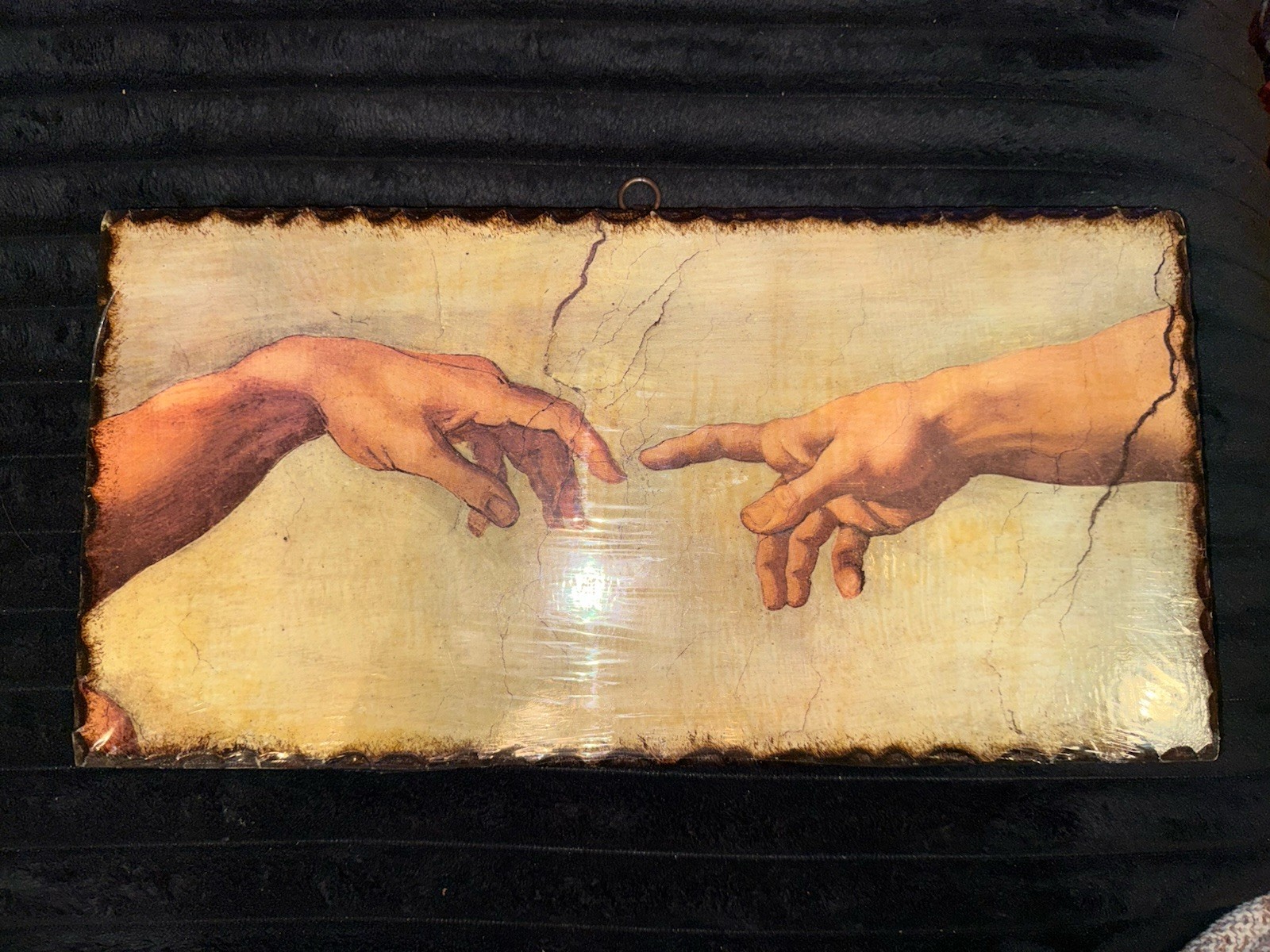 Creation Of Adam painting 15×7.5x.5” BurntWood Replication By Michelangelo Italy