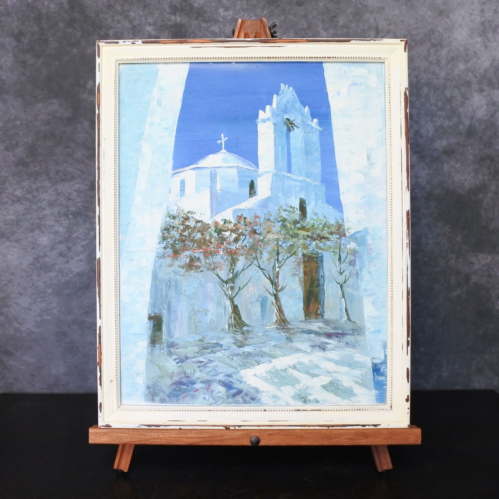 Vintage Original Oil Painting Greece Santorini Church Shabby Chic Artwork