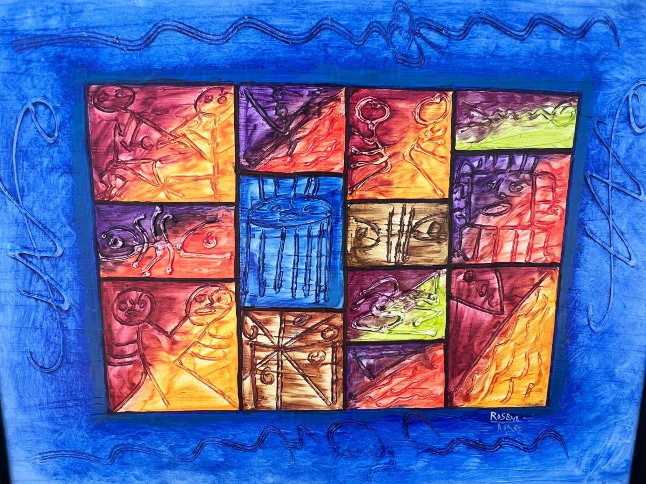 Original Coloful Mosaic Mixed Media Art Acrylic or Oil Painting Signed Rosena