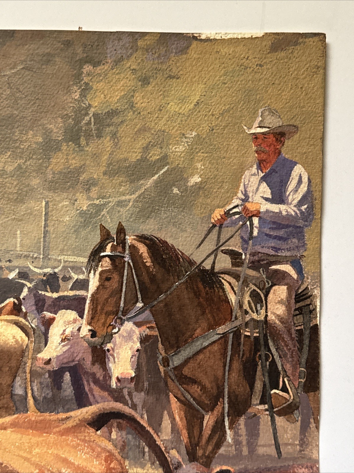 VINTAGE COWBOY PAINTING WESTERN RANCH COWBOYS FARM FARMING AMERICAN COWS