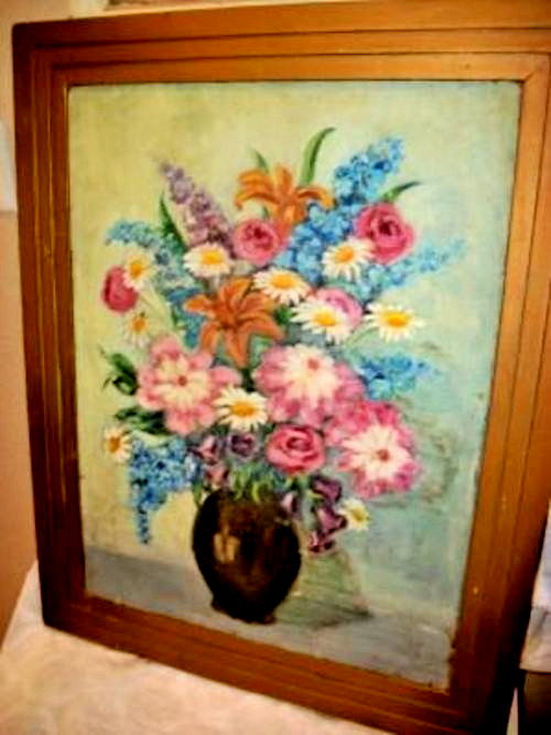 Antique Floral Oil Painting Cottagecore Chippy Painted Frame Aged Shabby 1920s