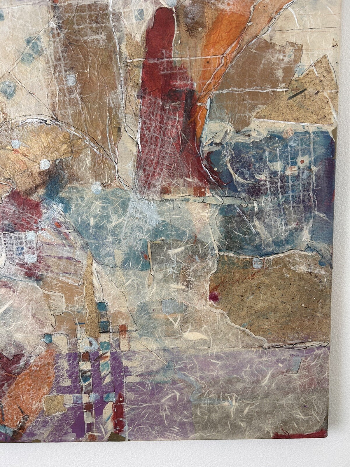 MCM Modern Abstract Oil Mixed Media Collage Ink Splatter Art Canvas 28”x28”