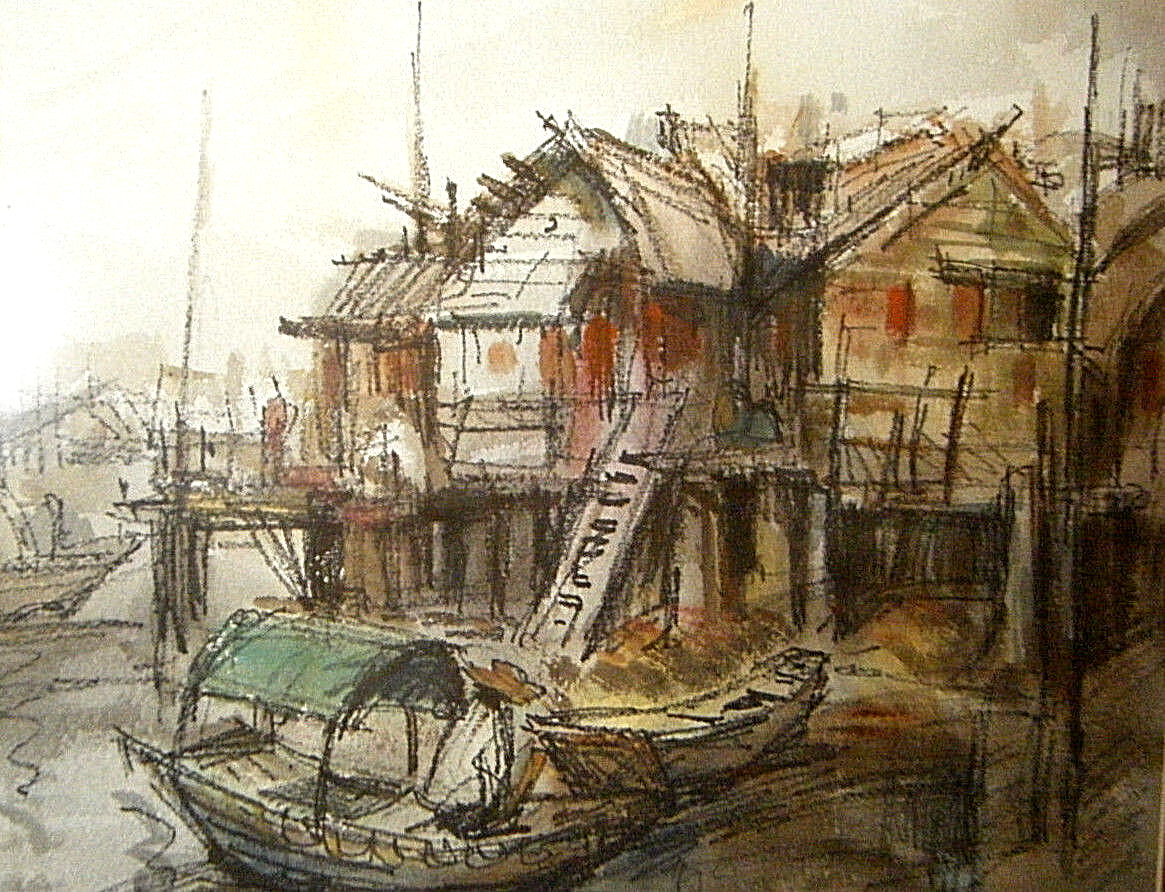 1970s Chin Chun Original Marine Tonalist Watercolor and Pastel Large Painting