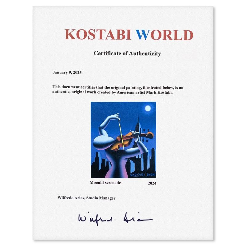 Mark Kostabi «Moonlit Serenade» Framed Original Painting Canvas Hand Signed, COA