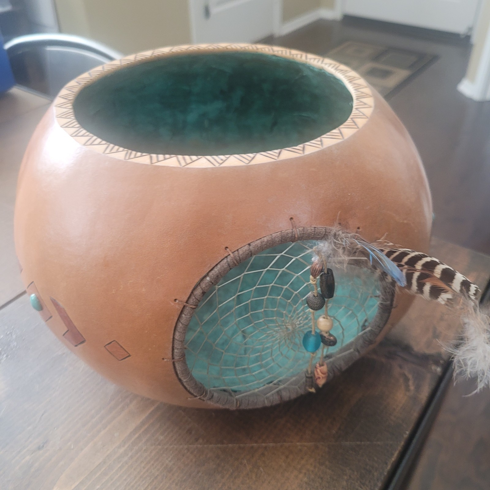 Southwestern Hand Painted Gourd Native American Turquoise Feathers Beads Signed