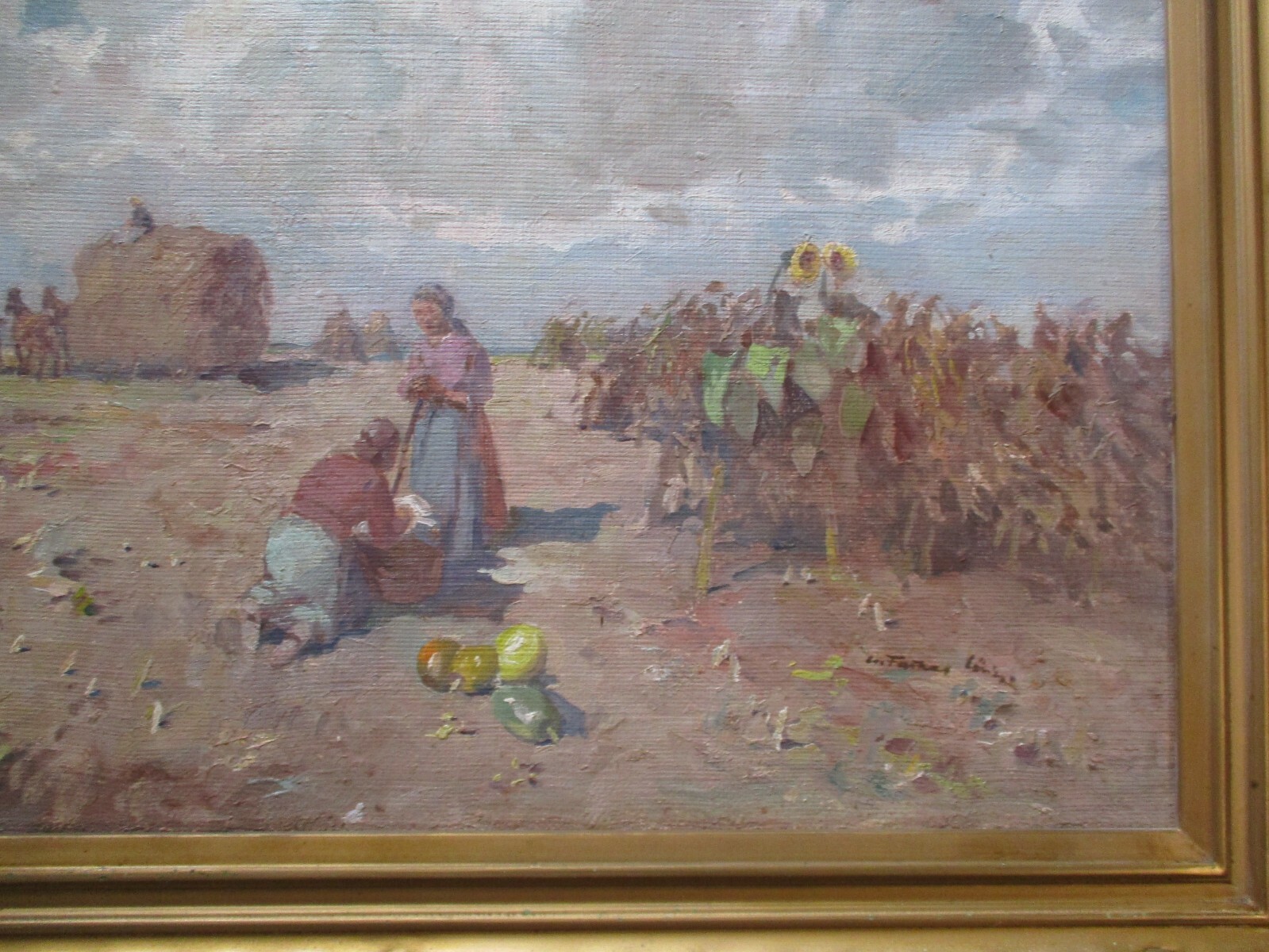 LARGE VINTAGE ANTIQUE IMPRESSIONIST PAINTING LANDSCAPE OLD FARM WORKERS WPA ERA