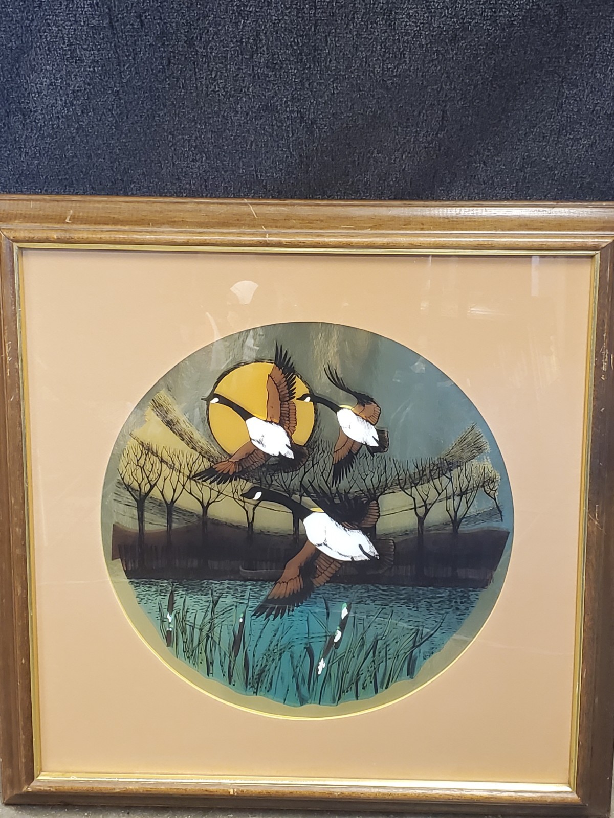 Vintage Jim Roslof Reverse Mirror Picture Painting Of Ducks Flying Numbered 8639