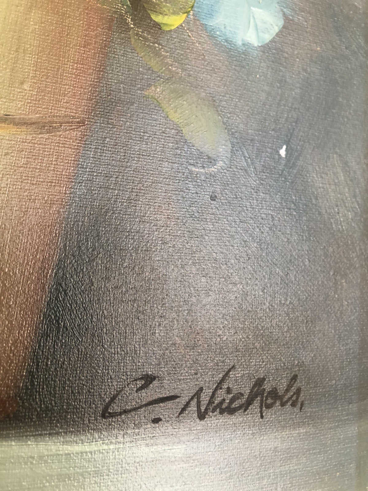 C Nichols Flower Painting Canvas 24×12” Impasto Multi Color Flowers In Vase
