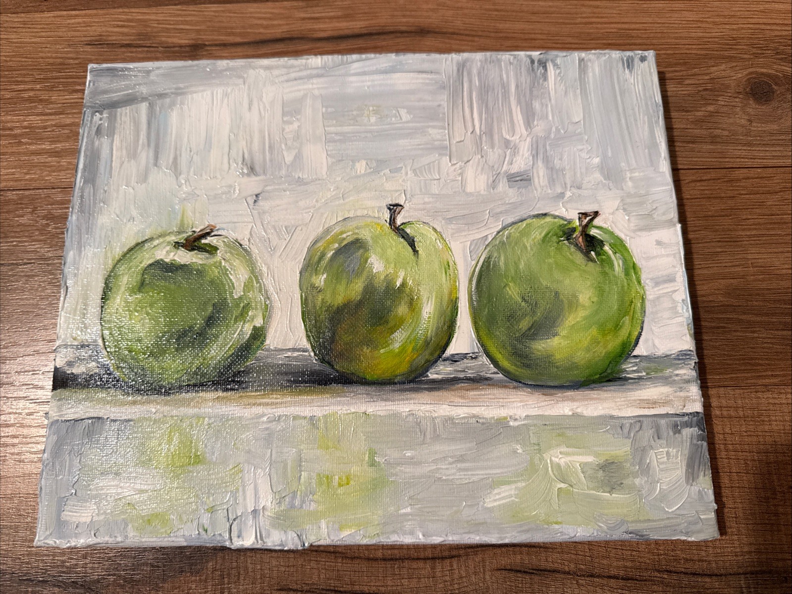 Original Acrylic Painting On Canvas 8” X 10” 3 Green Apple Thick Almost Impasto