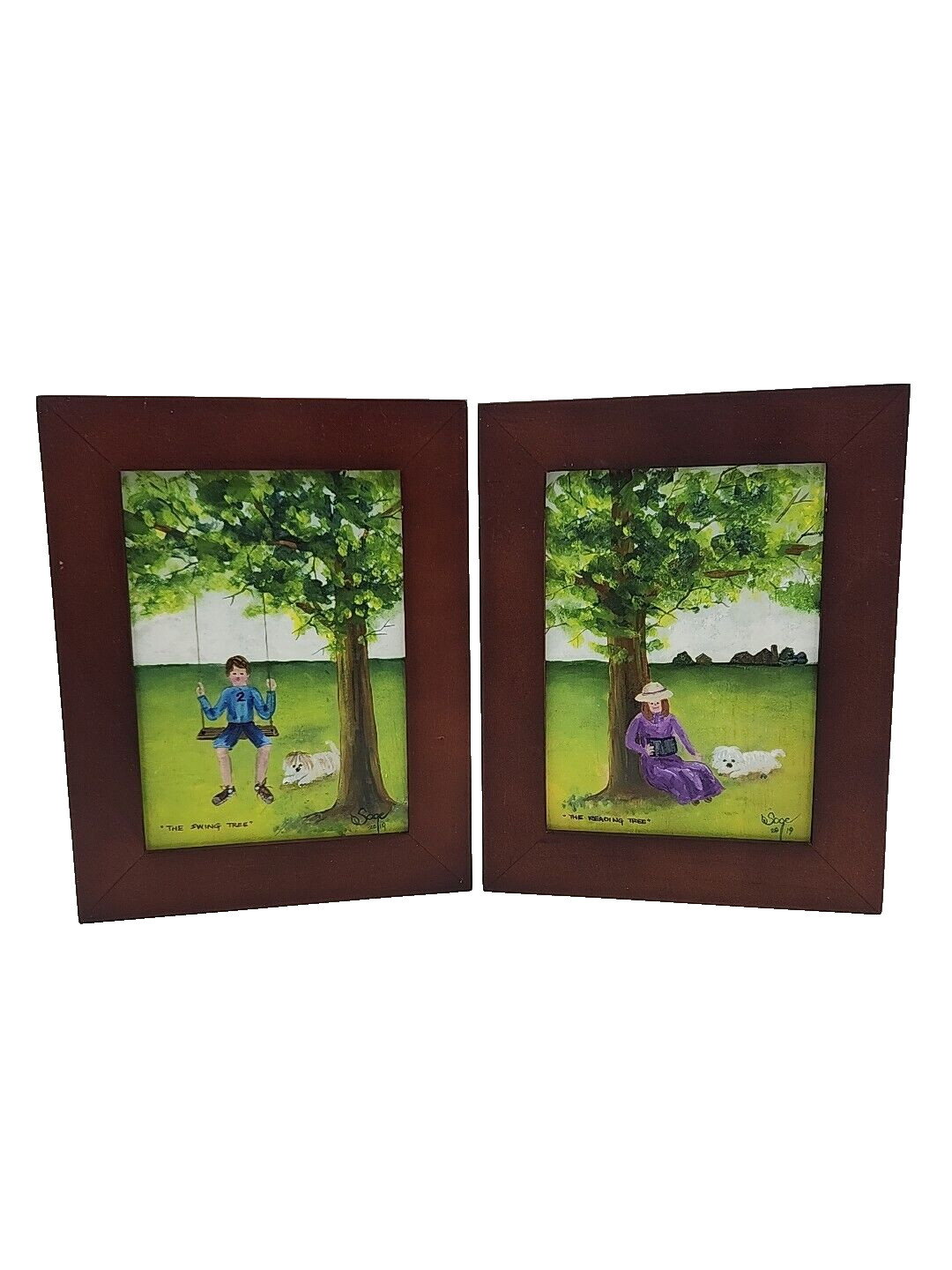 Set of 2 Framed Paintings The Swing Tree Reading Tree Signed Sage / Soge? 2019