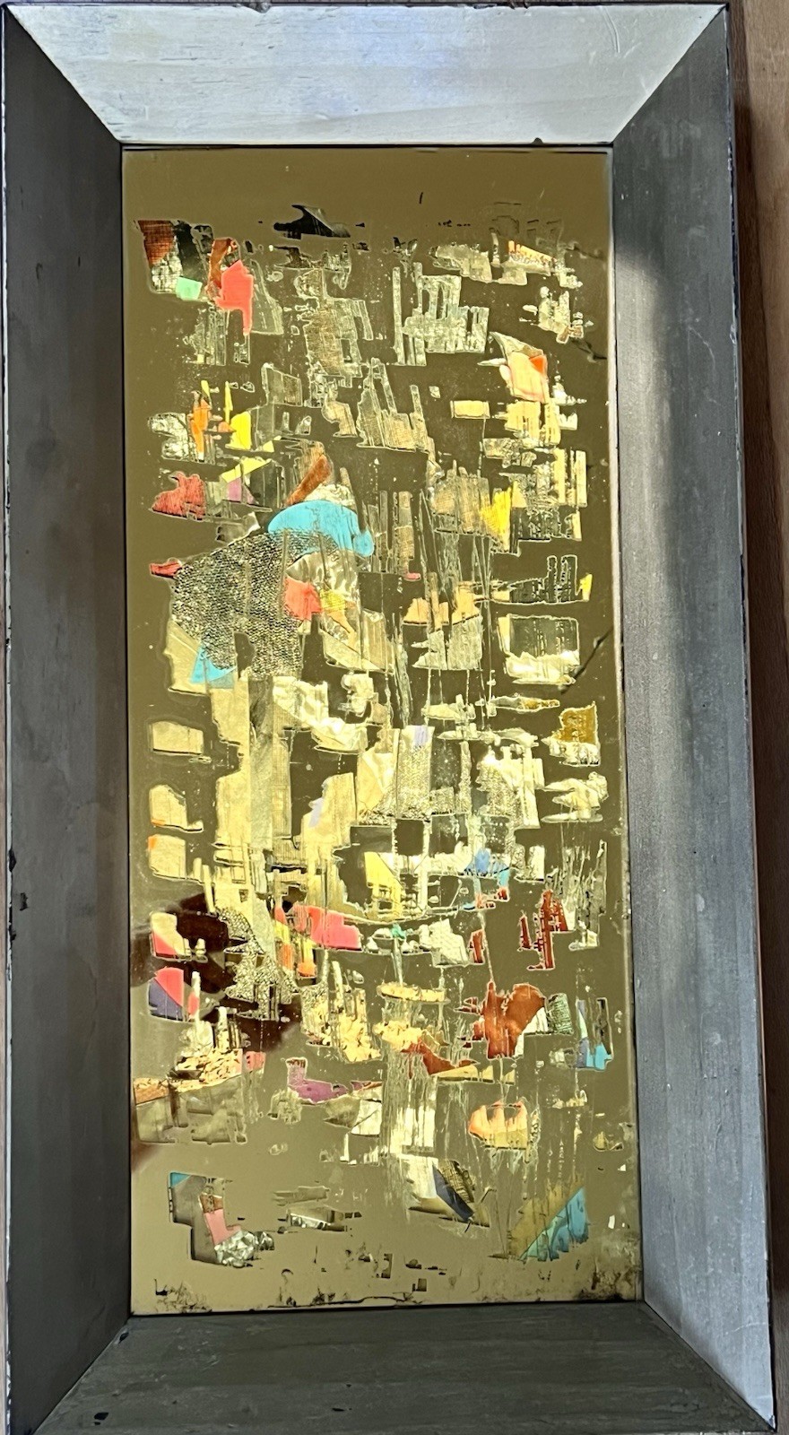 MCM Brutalist Reverse Glass Mirror Art Signed Mixed Media Wall Sculpture 25″