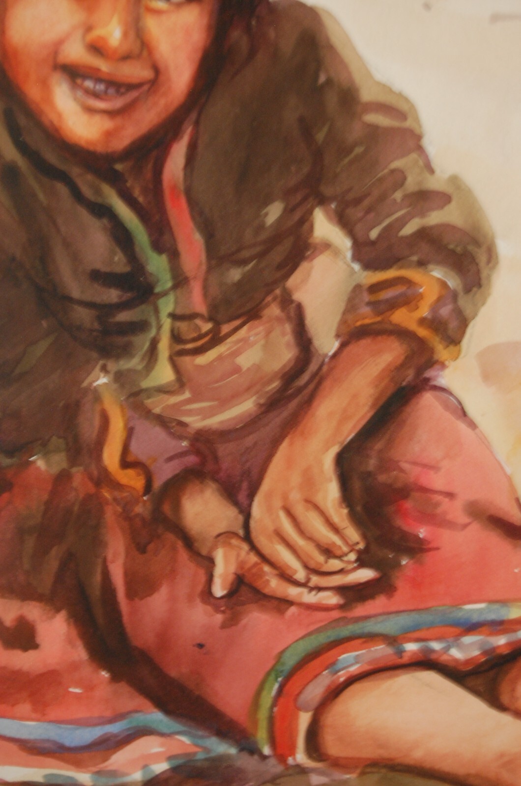 VINTAGE FRAMED MATTED ORIGINAL WATERCOLOR PAINTING OF PERUVIAN NATIVE GIRL CHILD