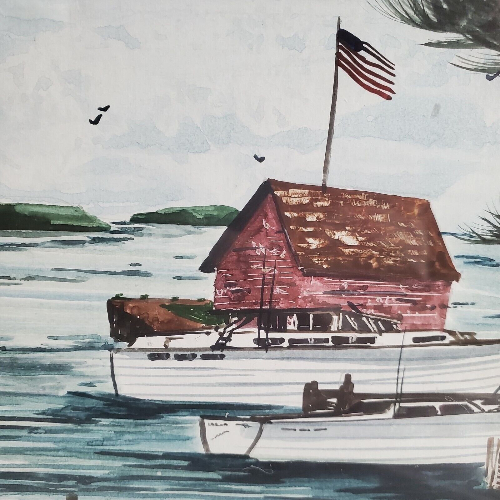 Steven W Schultz Watercolor Painting OOAK Original Framed Boat House Dock Flag