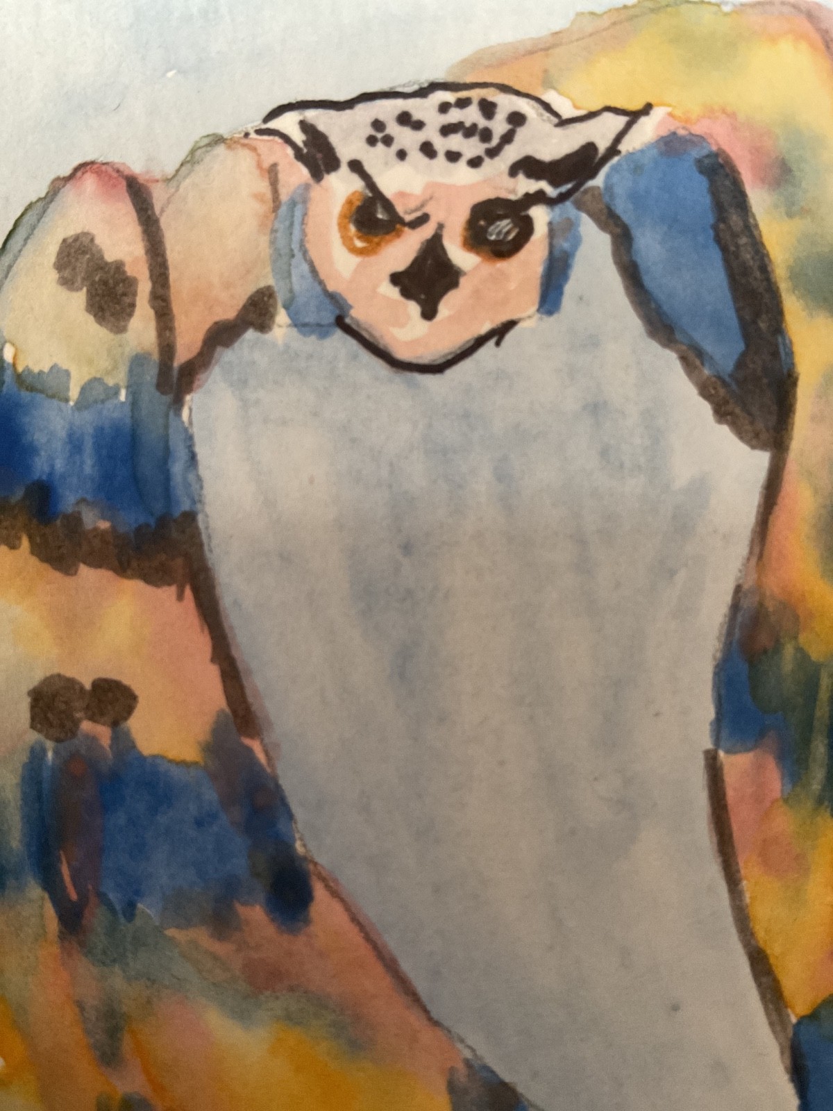 ACEO watercolor art by PJ, art card 2.5 x 3.5: owl in flight, abstract.