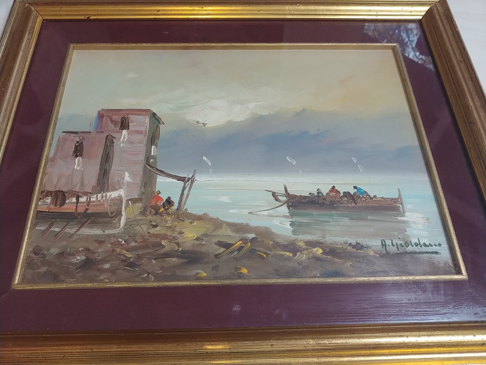 Vintage Signed Italian Fishing Boat Port Harbour Italy Oil Canvas Painting Frame