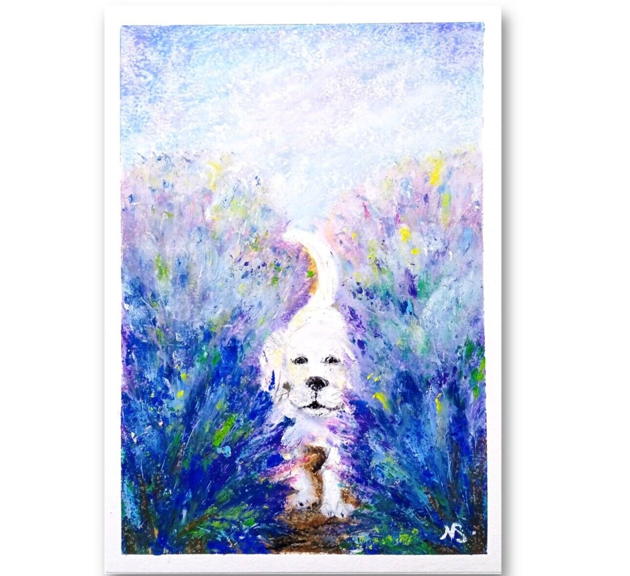 White Labrador Painting Puppy in Lavender Original Art Oil Pastel 11.5×8.5inch