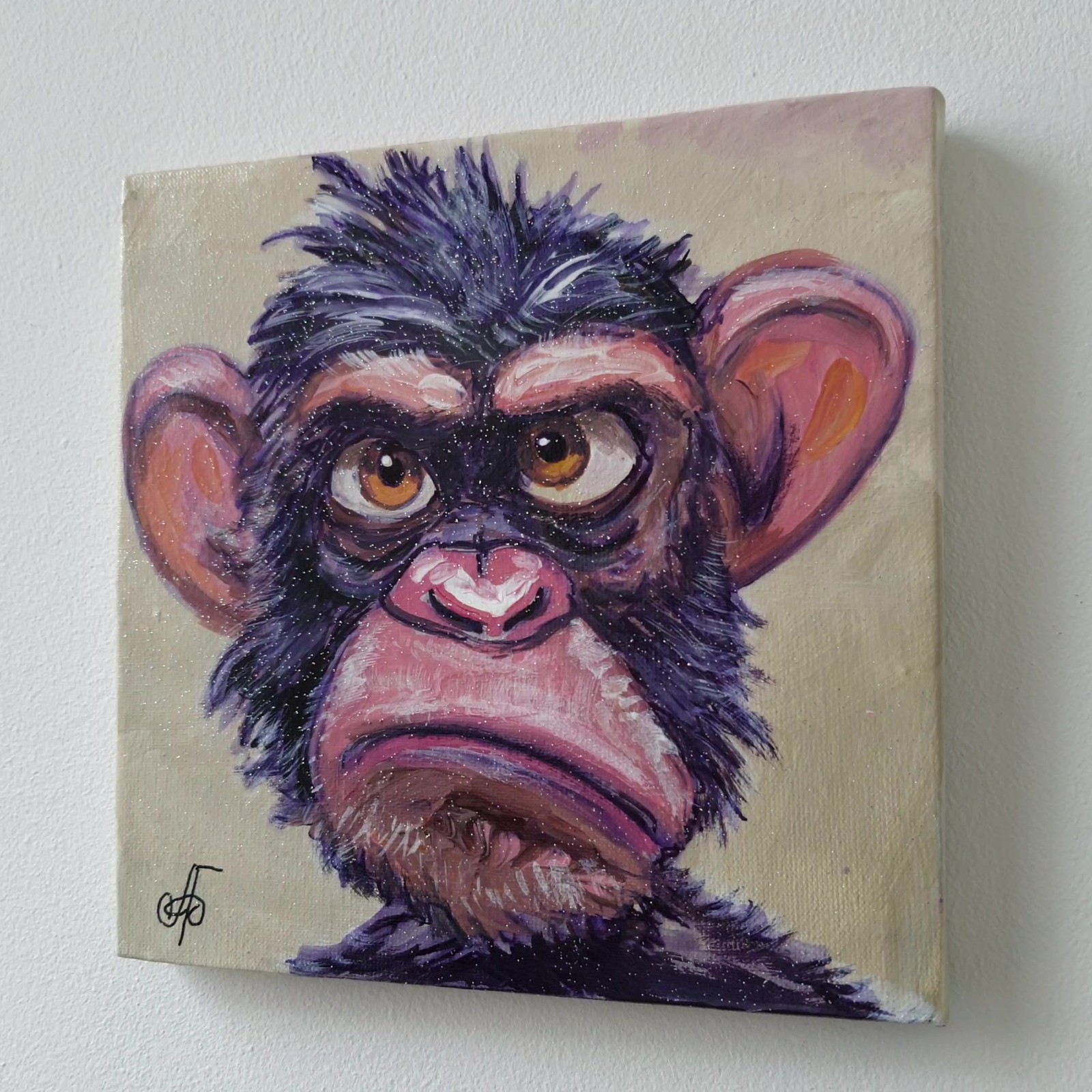 Original Acrylic Painting Funny Grumpy Chimp Monkey Portrait Small Hand Painted