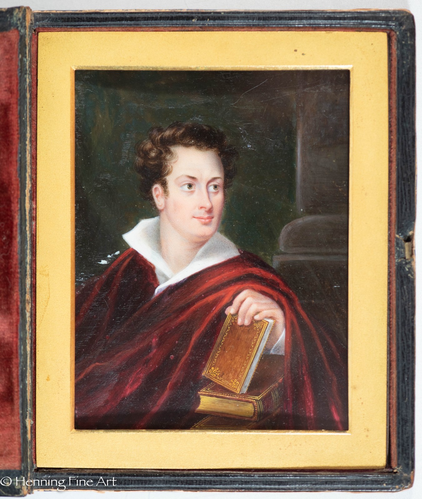 Exceptional Antique Miniature Portrait Painting – Lord Byron in Custom Book Case