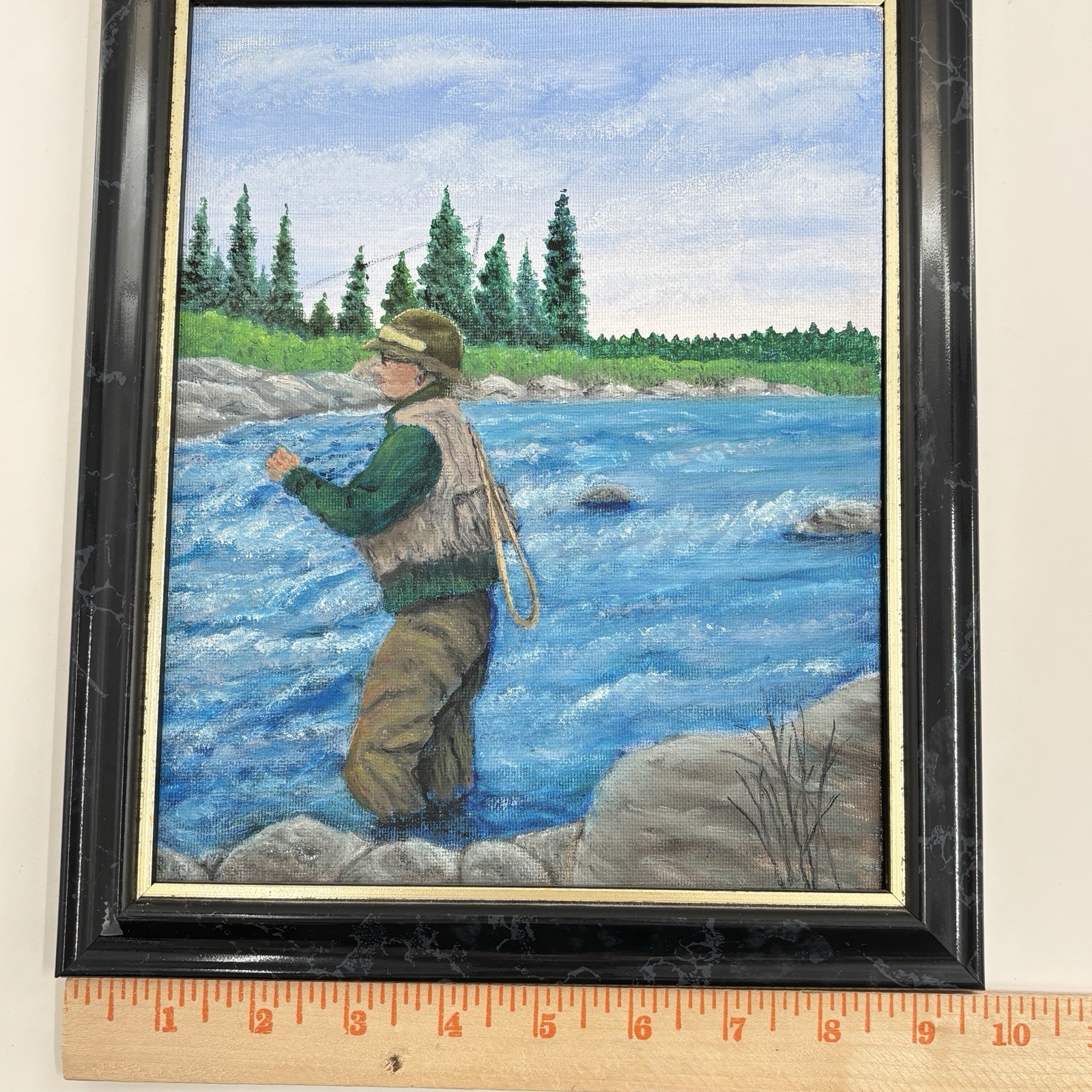 Vtg Fly Fishing Painting Maine River Scene Angler Landscape 8×10 Framed