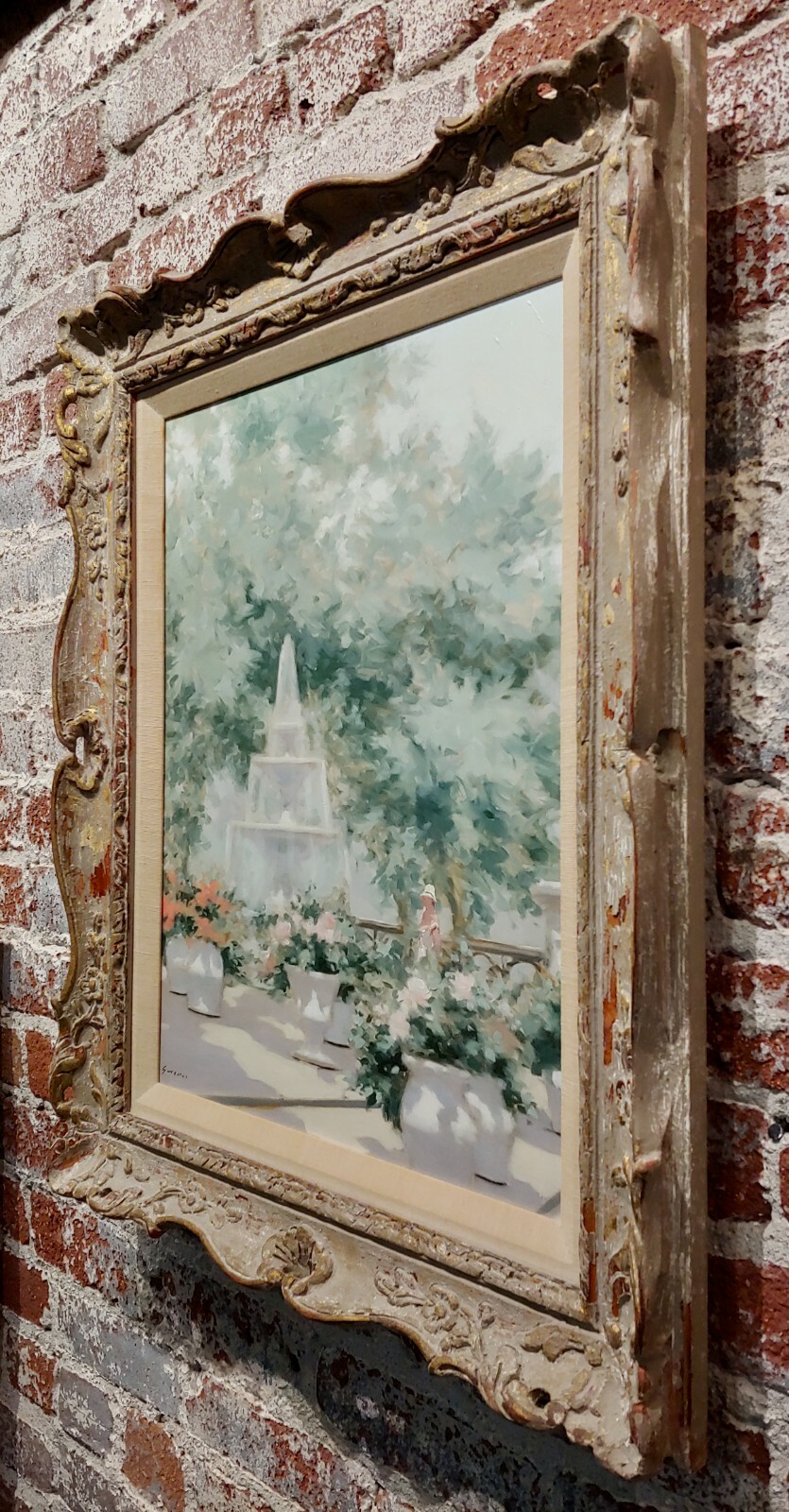 Andre Gisson -Young Woman near the Fountain at the Park-Oil painting
