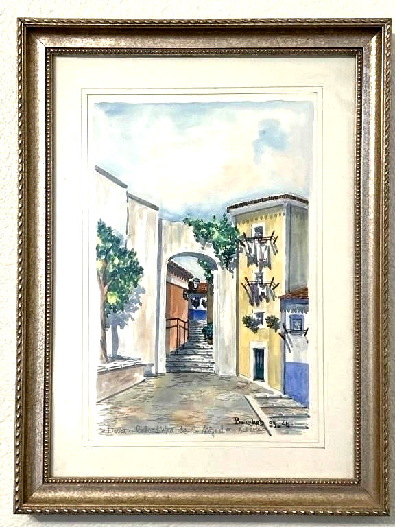 Lisbon Portugal Watercolor Art Signed Bernhardt 99 Framed in Glass 17×13 Vintage