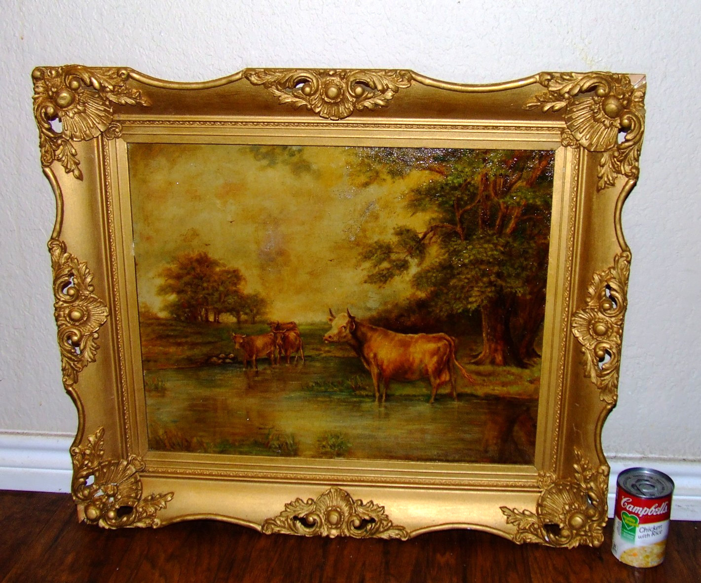 Antique 19th C. Landscape Gathering Watering Cows Oil on Board Gilt Ornate Frame