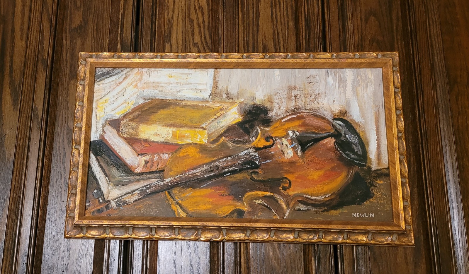 Original Signed Painting Violin Resting on Books, Scalloped Gilt Frame, Newlin