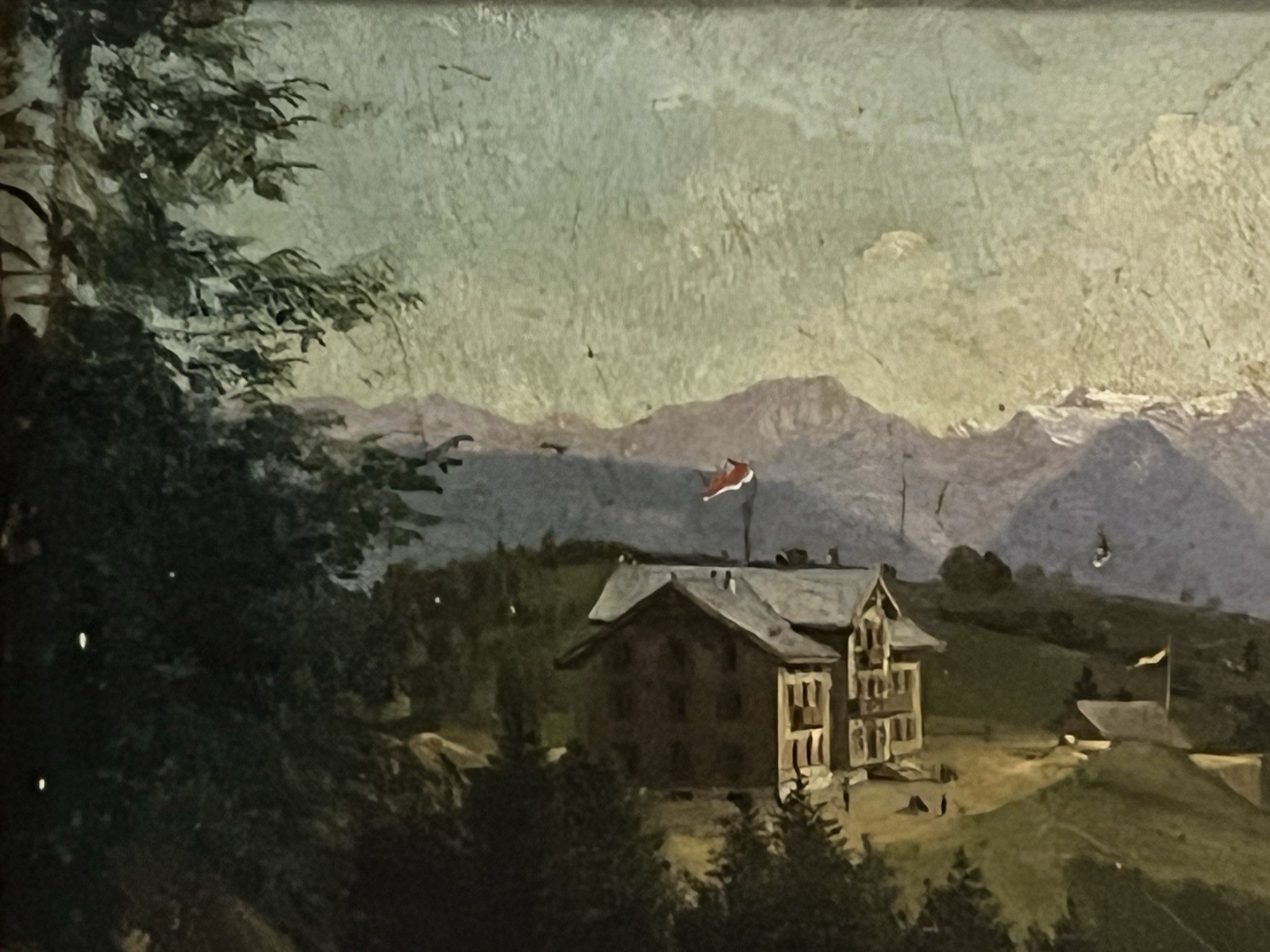 Painting Mountain Landscape with House and Flag Signed A. Schönberger 1880