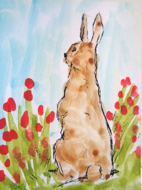 ACEO Poppy Flowers BUNNY RABBIT Landscape Painting ART
