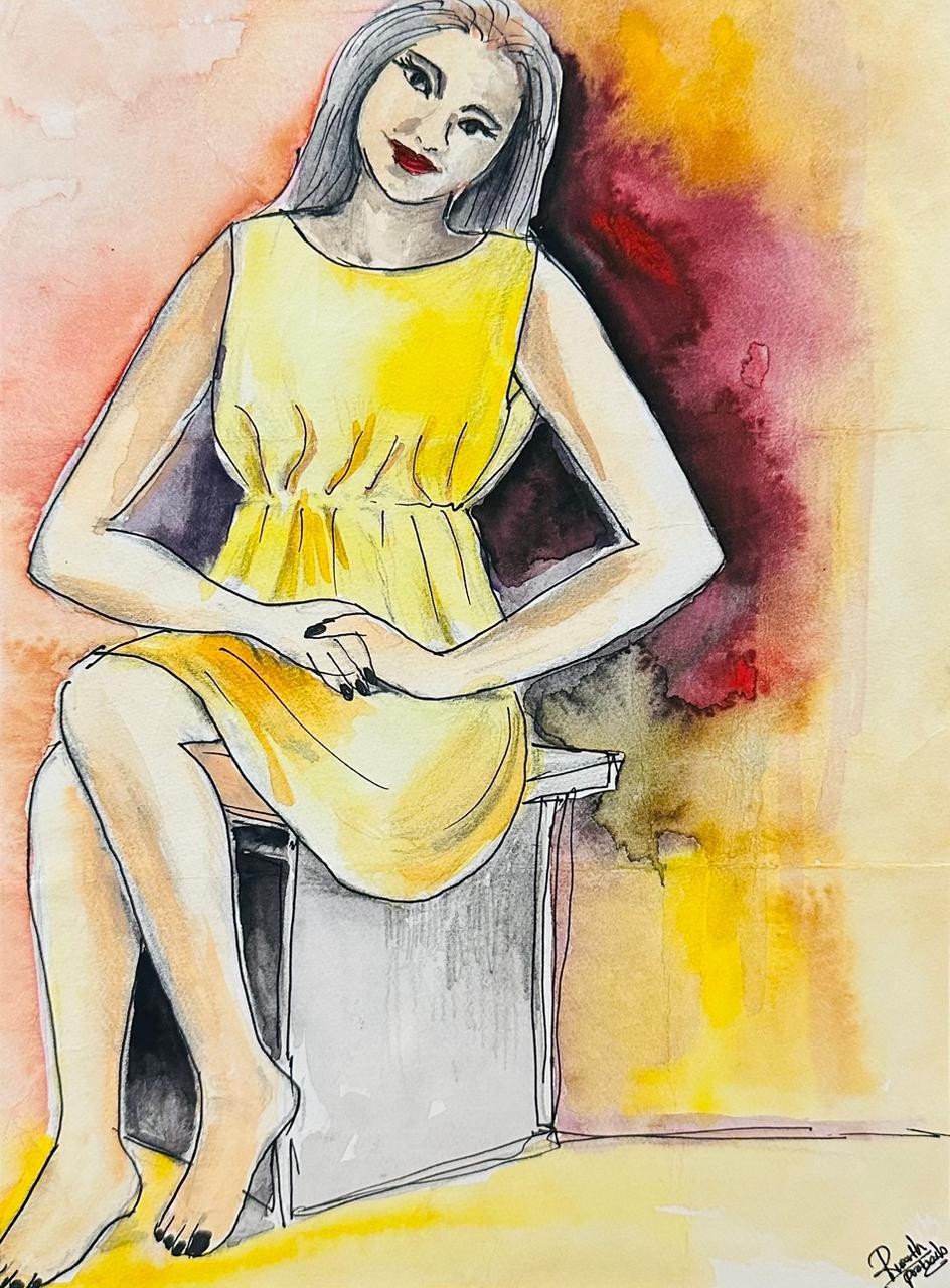 Original Fashion Woman Yellow Dress Portrait Expressionist Painting OOAK Figure