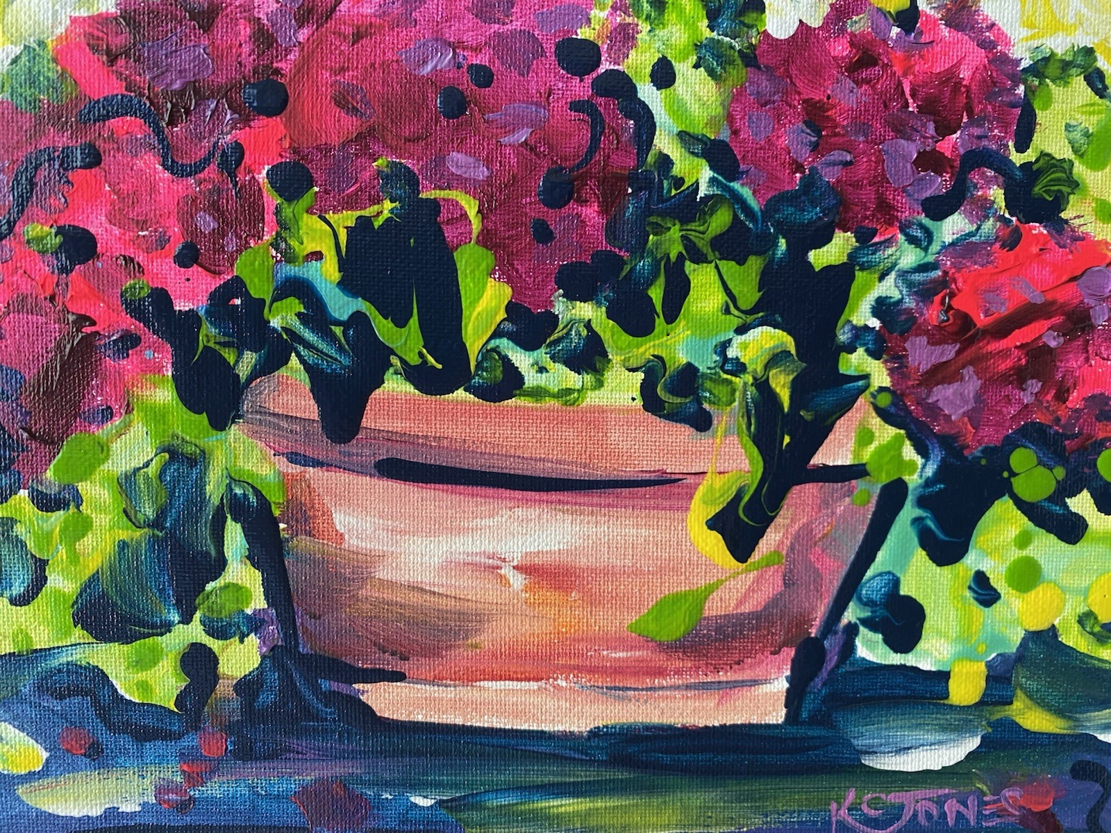 Hot Pink Geraniums Small Impressionism Flower Flowers Pot Painting K C Jones Art