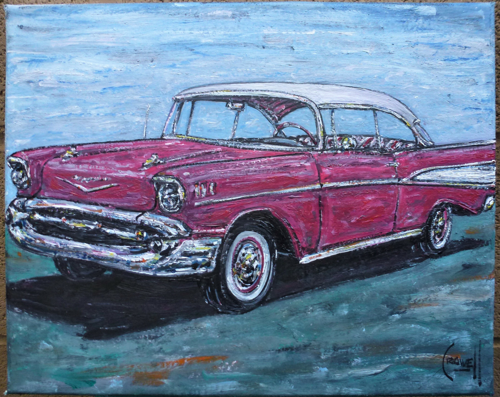 1957 Chevy 2dr Sedan coupe car new original 8×10 canvas painting signed Crowell