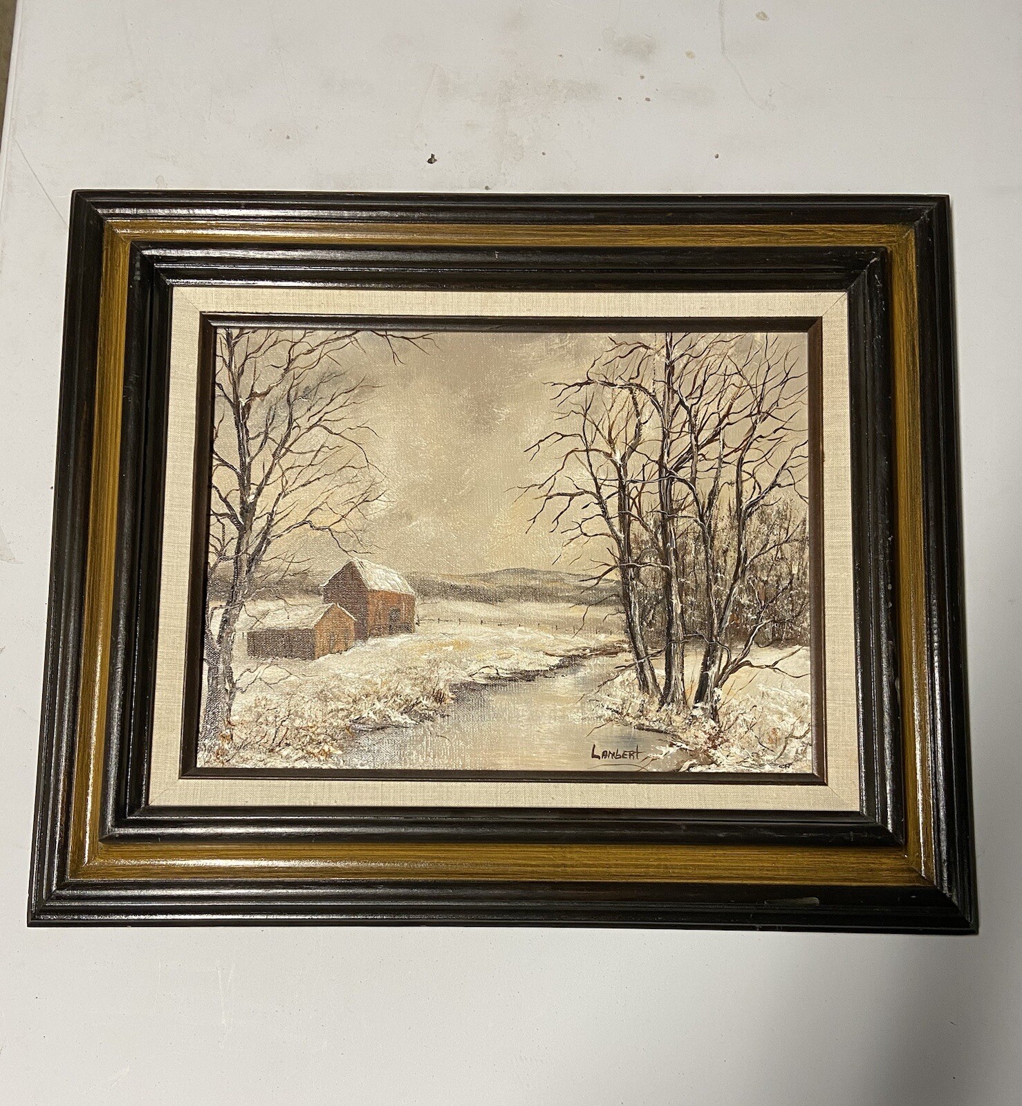 Lambert Signed Oil Painting Beautiful Winter Landscape Framed