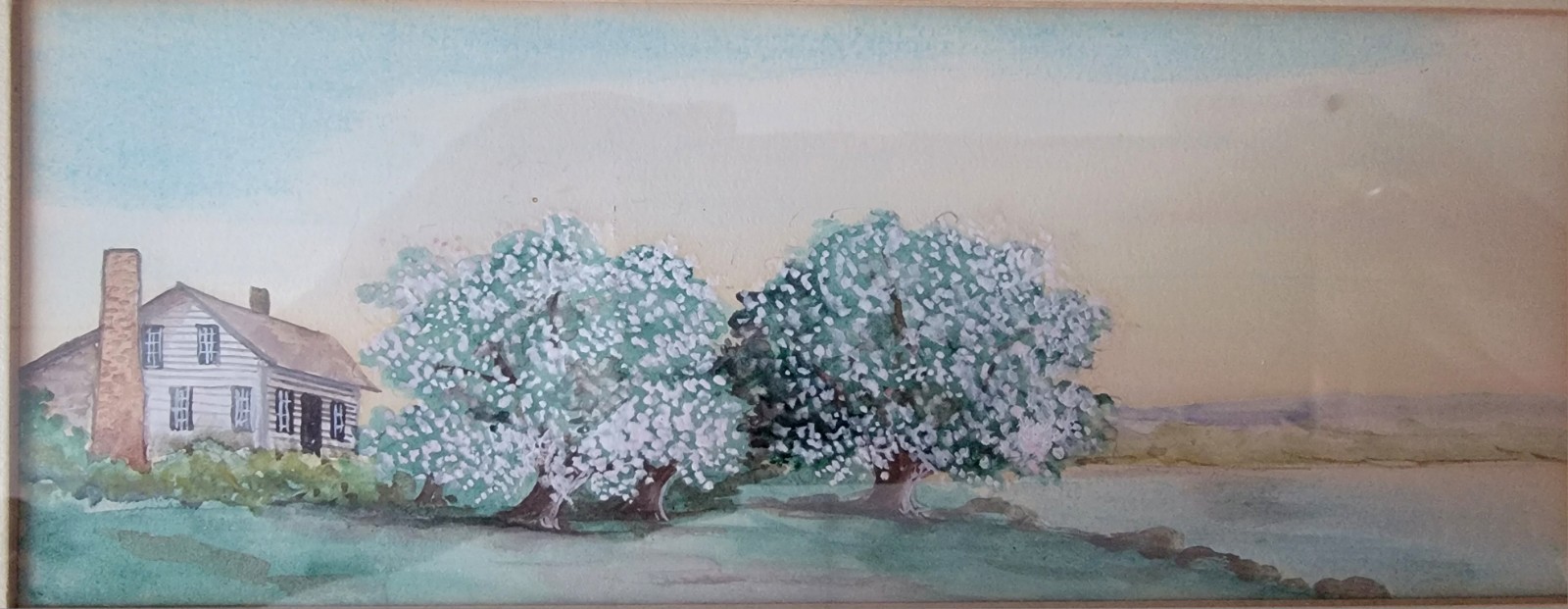 Antique Homestead In Spring Apple Cherry Blossom Trees Lake Watercolor Painting