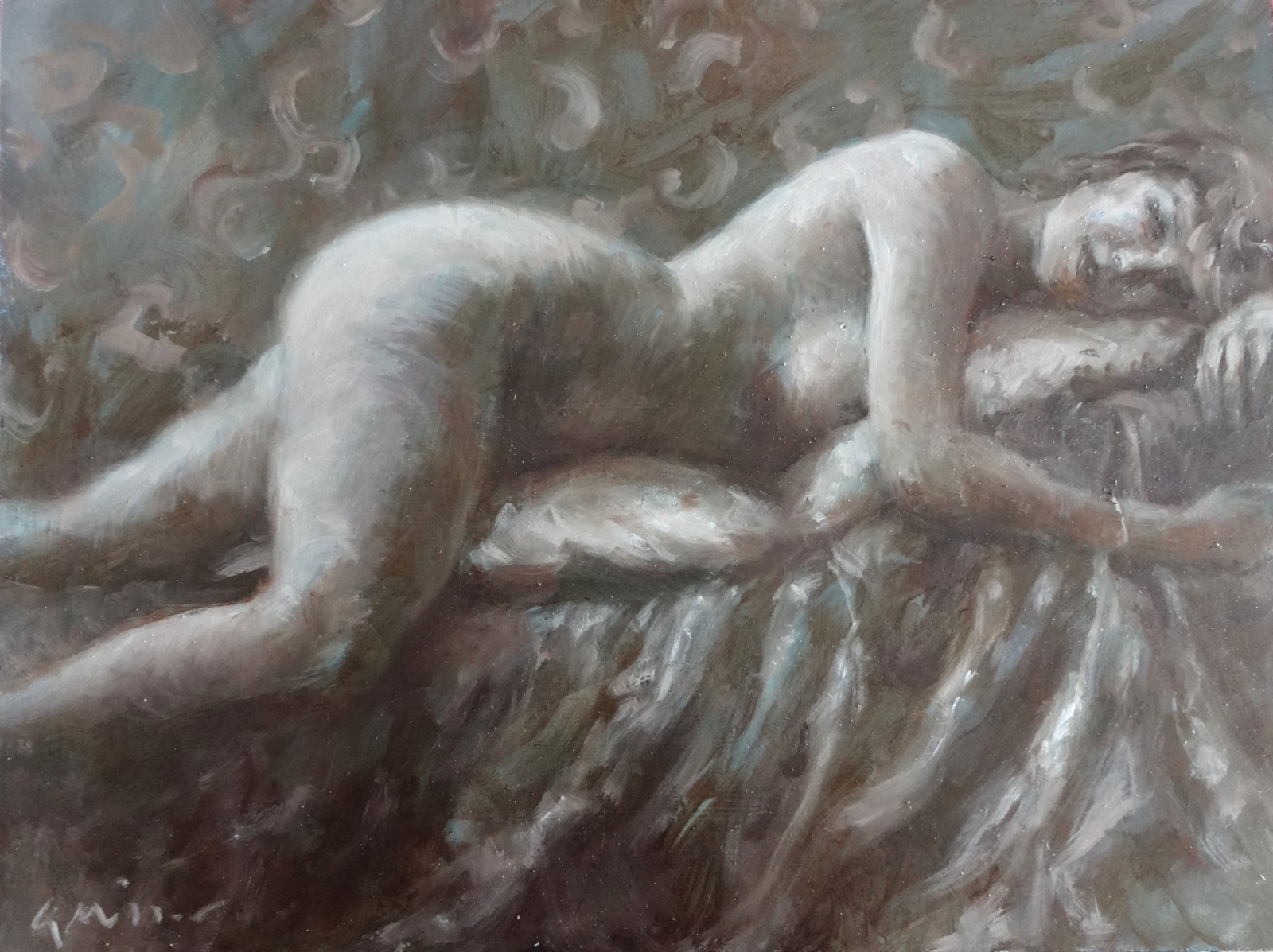 GERRY MILLER -. Unique. Artwork.»Nude». Oil paint on board.30x40cm-