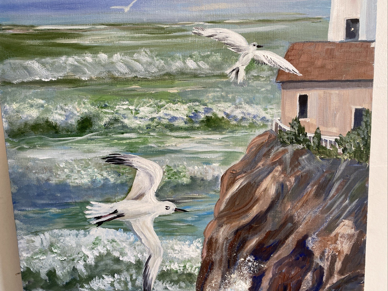 Seascape Lighthouse Acrylic Painting Signed WEBB Waves Crashing Rock Seagulls