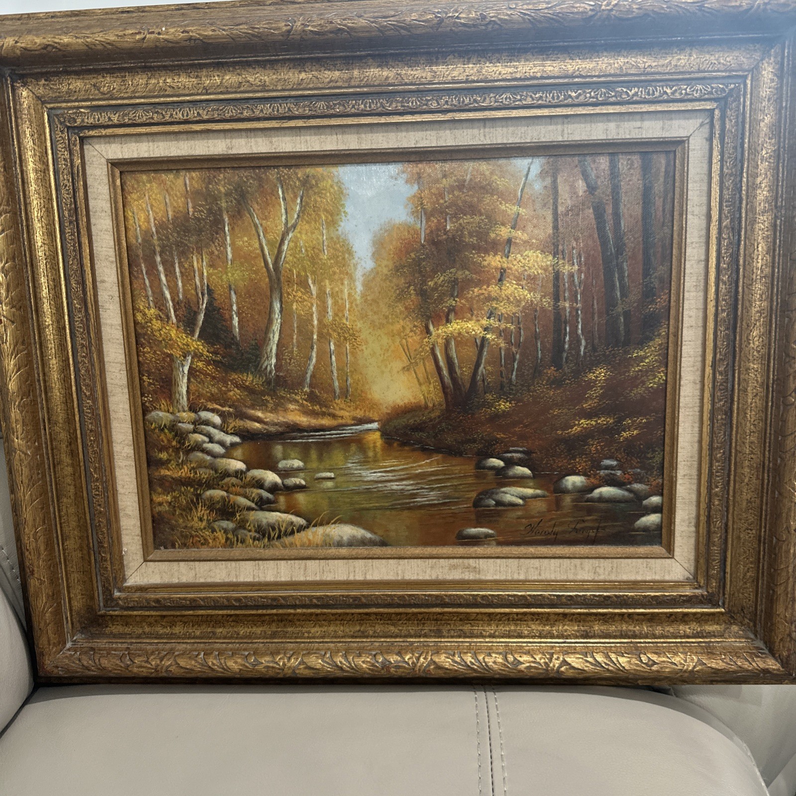 Vintage Framed Oil Painting Autumn Woodland Creek Signed 24”x20” Wood Frame