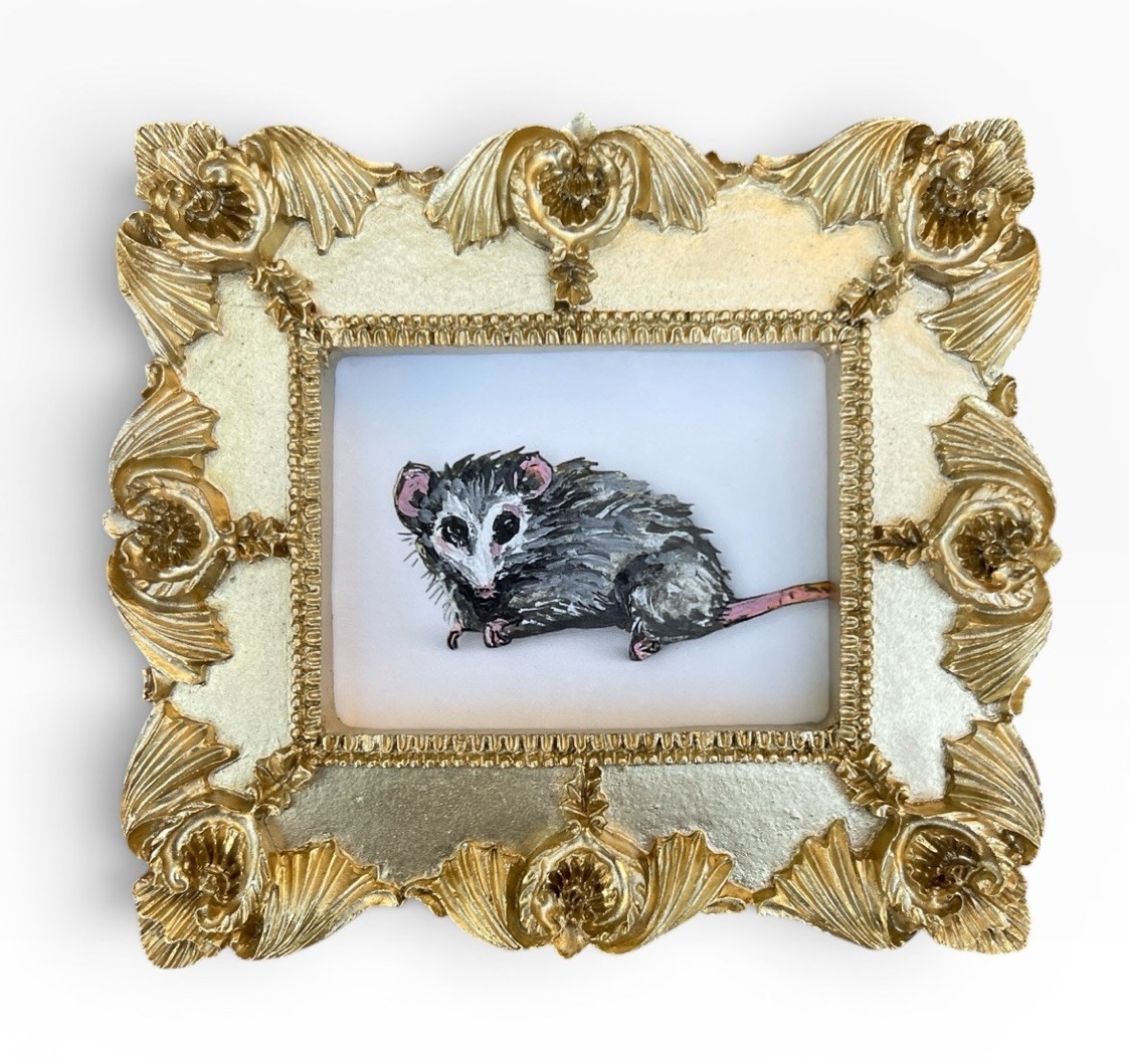 Opossum watercolor animal print in gold vintage style ornate frame