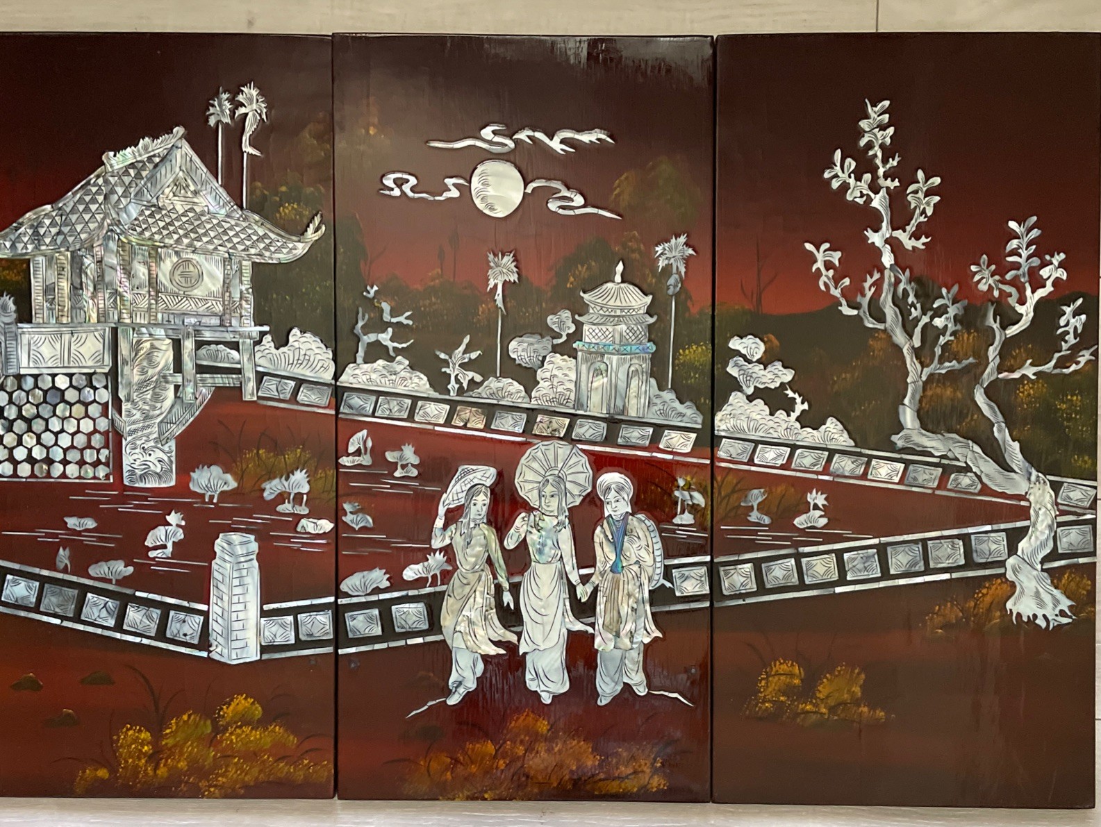 Asian Vietnamese 4 Lacquer Piece Artwork 23″HX45.6″L