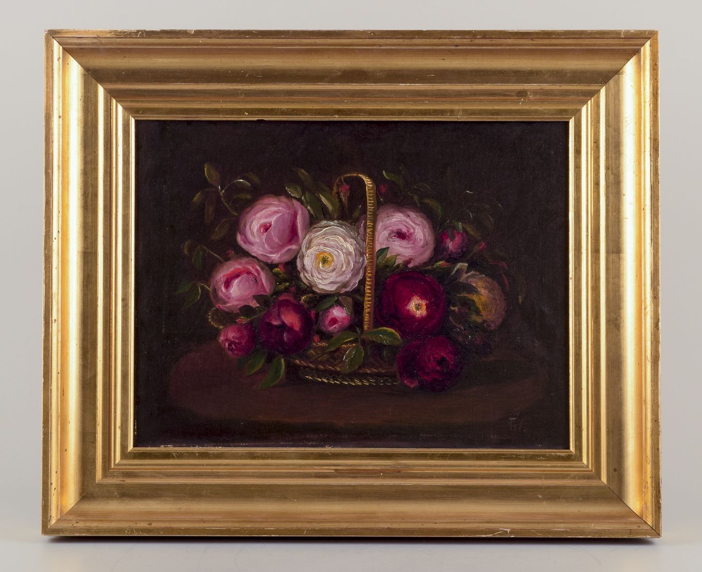 Danish painter. Oil on canvas. Still life with roses in basket. Late 19th C
