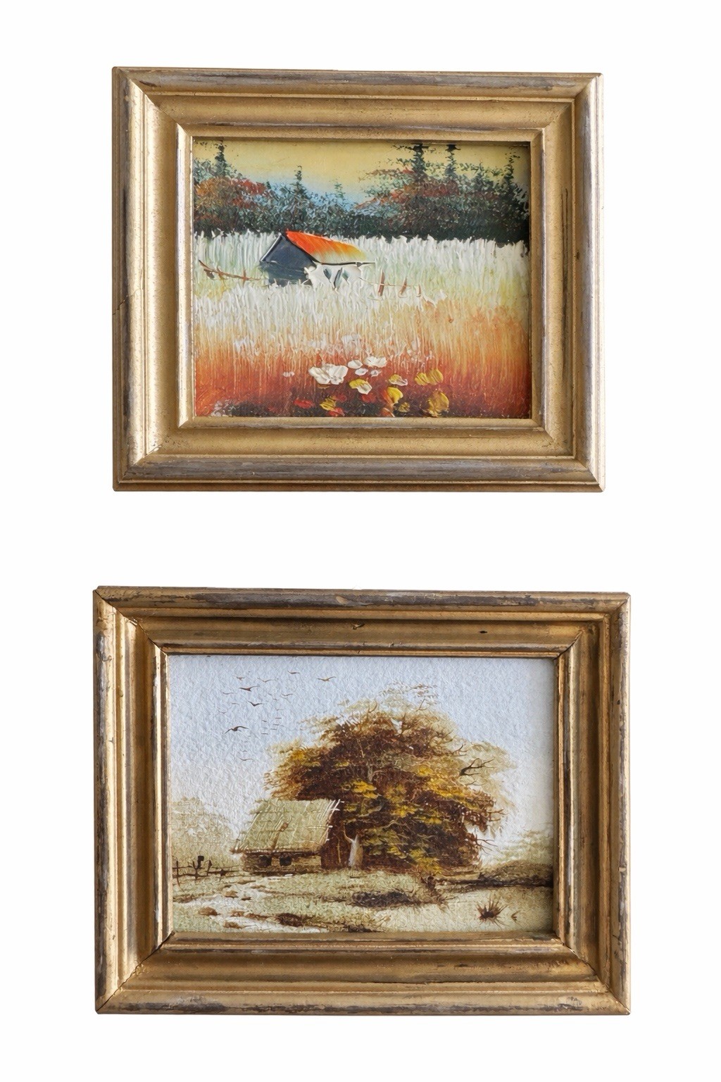 Vtg Original Art Miniature Painting Pastoral Landscapes Rustic Barn Cottage 2pc